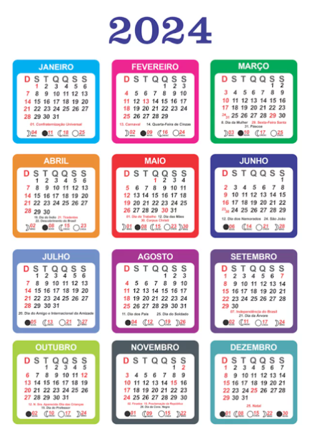 Calendário 2024 com Feriados para Imprimir 10 Modelos