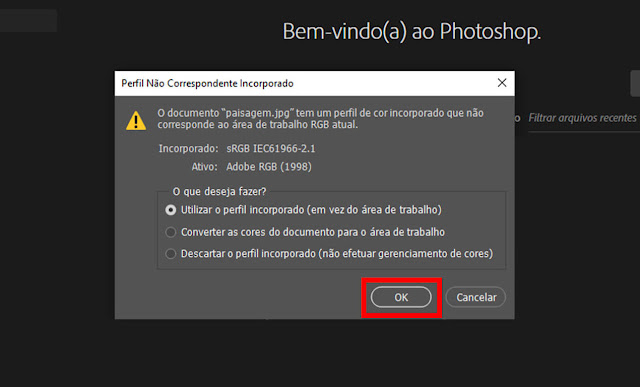 Janela de aviso do photoshop