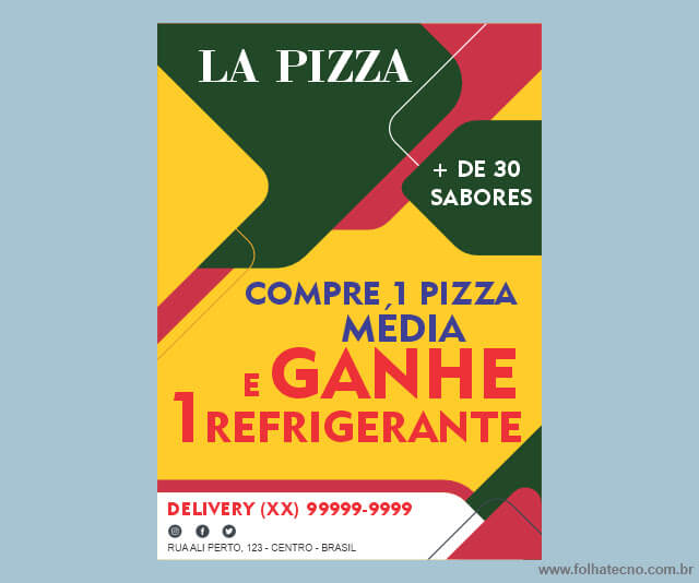 Flyer colorido anunciando a promoção de uma pizzaria