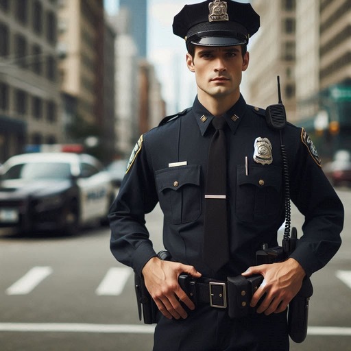 Policial vestindo farda e chapéu parado, com as mão na cintura em meio a cidade, com carros passando na rua ao fundo