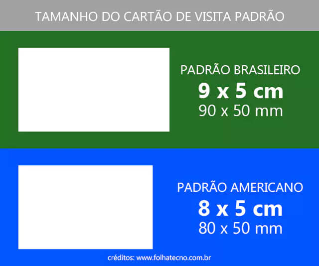 Tamanho do cartão de visita padrão brasileiro 9x5 centímetros e americano 8x5 centímetros