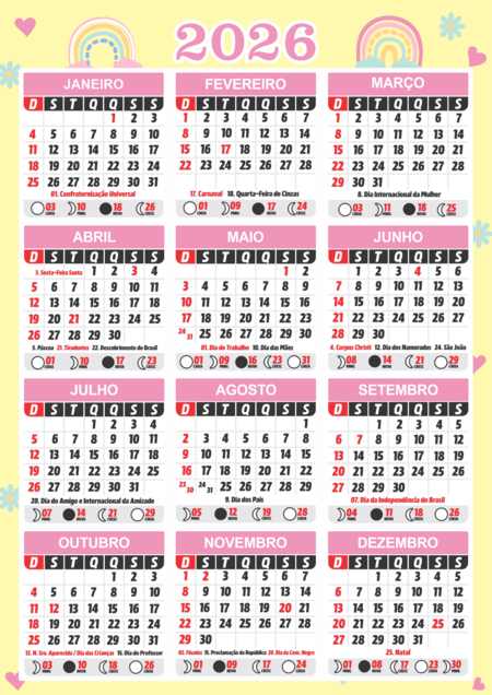 Calendário 2026 com os dozes meses do ano com flores, arco-íris e corações e distribuídos em um grid de três colunas e quatro linhas