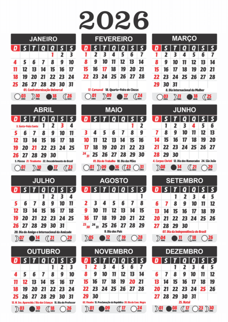 Calendário 2026 com os dozes meses do ano distribuídos em um grid de três colunas e quatro linhas