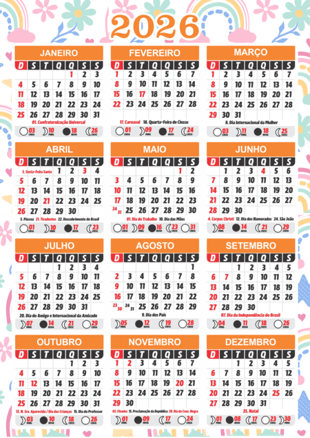 Calendário 2026 com os dozes meses do ano com flores e arco-íris e distribuídos em um grid de três colunas e quatro linhas