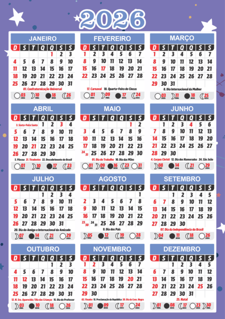 Calendário 2026 com os dozes meses do ano decorado com estrelas e distribuídos em um grid de três colunas e quatro linhas