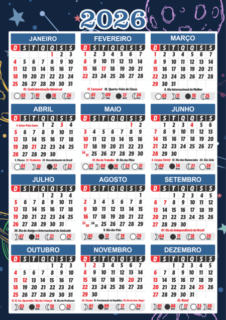 Calendário 2026 com os dozes meses do ano com tema de estrelas, lua e cometas e distribuídos em um grid de três colunas e quatro linhas