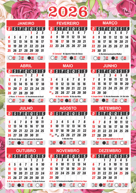 Calendário 2026 com os dozes meses do ano com tema floral de rosas e distribuídos em um grid de três colunas e quatro linhas