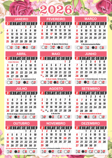 Calendário 2026 com os dozes meses do ano temático com desenhos de rosas e distribuídos em um grid de três colunas e quatro linhas