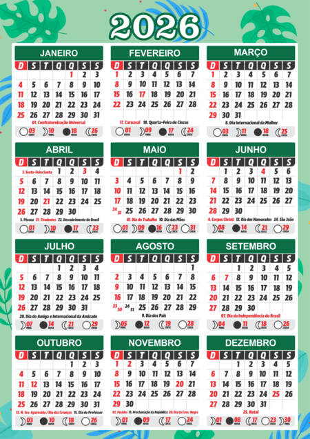 Calendário 2026 com os dozes meses do ano decorado com folhagens e distribuídos em um grid de três colunas e quatro linhas