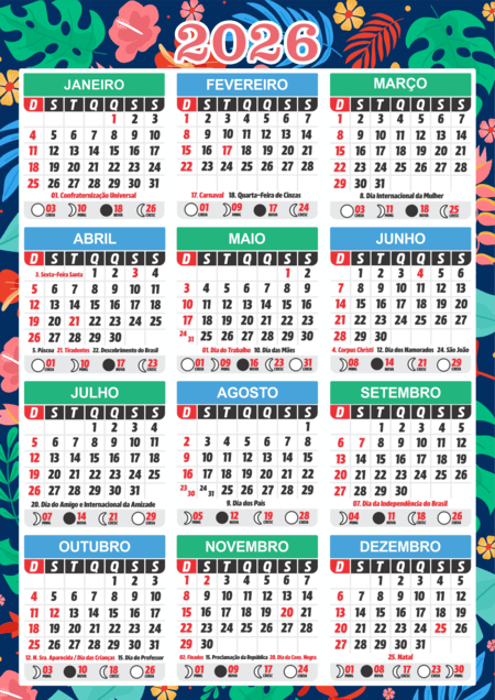 Calendário 2026 com os dozes meses do ano decorado com folhas coloridas e distribuídos em um grid de três colunas e quatro linhas